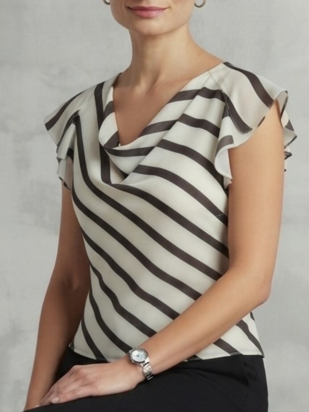 NEW Worthington Black/Cream Striped Flutter-Sleeve Blouse Top Sz Size L